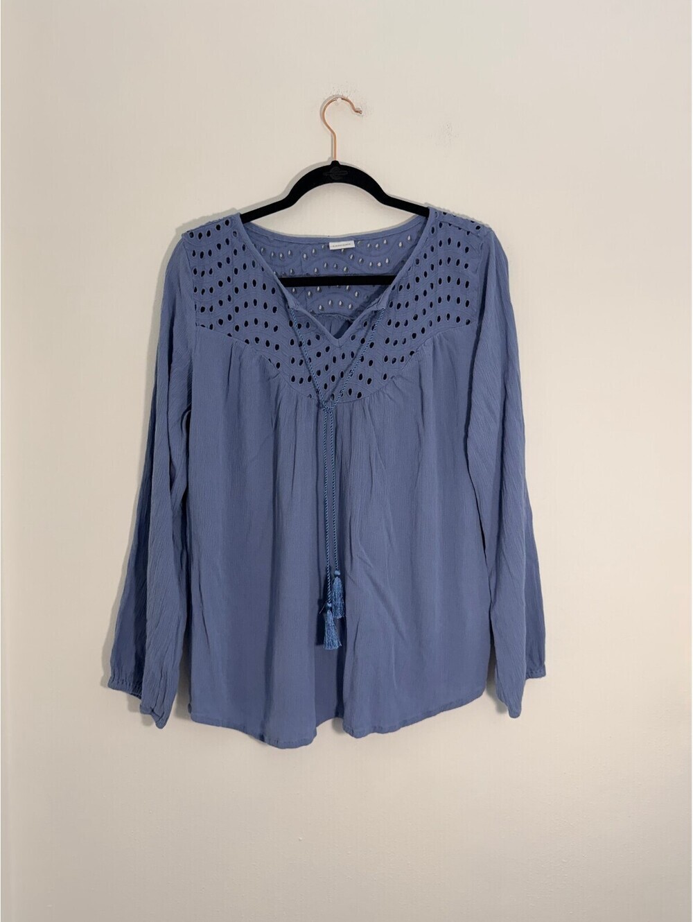 LASCANA Blue Eyelet Embroidered Tassel Peasant Boho Blouse Size US 10 EU 42